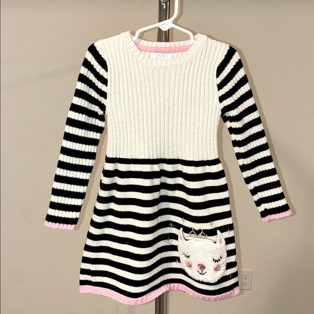 Maggie & Zoe Girls’ Black and Cream Striped Sweater Dress with Pink Accents